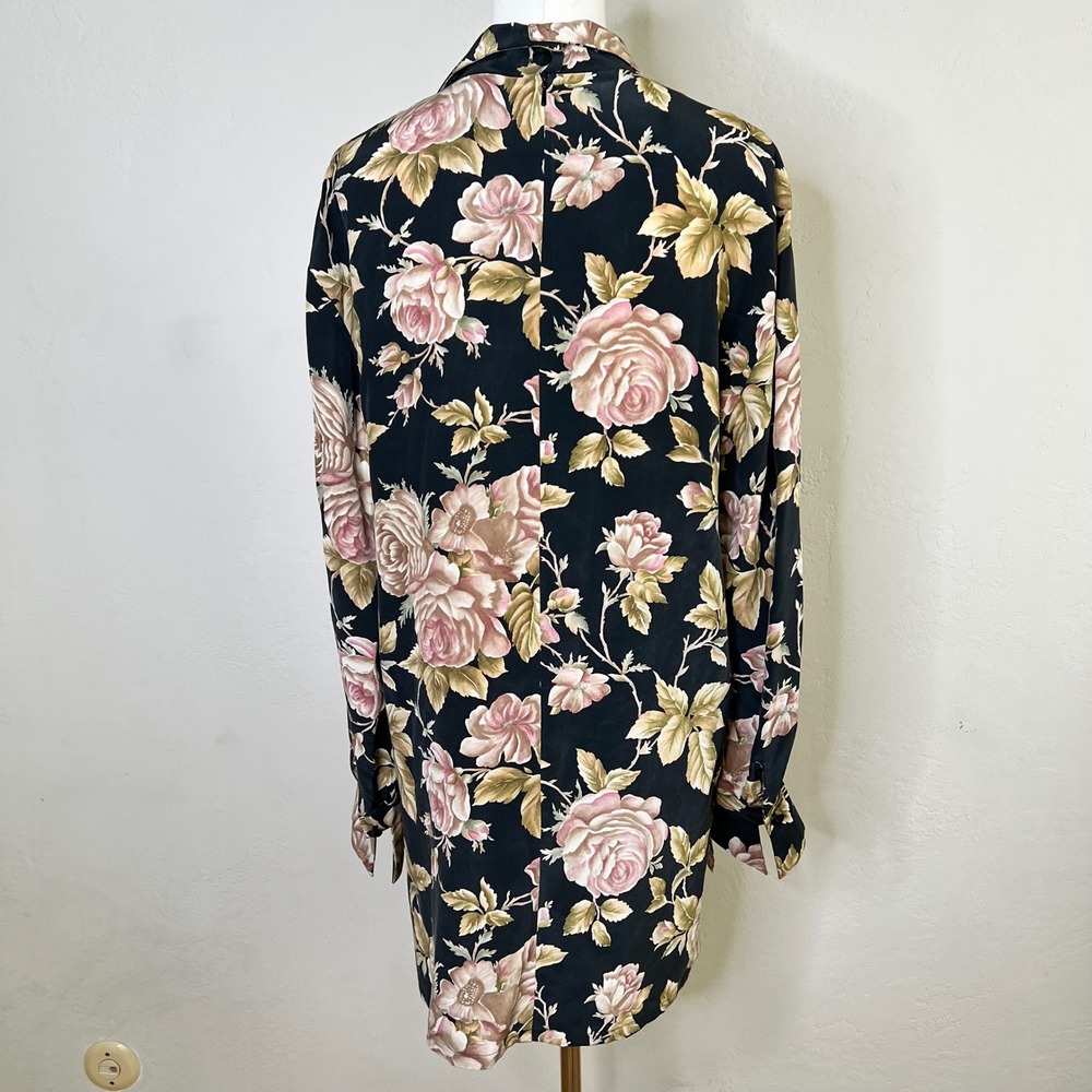 Dana Buchman 100% Silk Floral Tunic Size 6 Black Pink Long Sleeve Collar Vintage - Picture 5 of 10